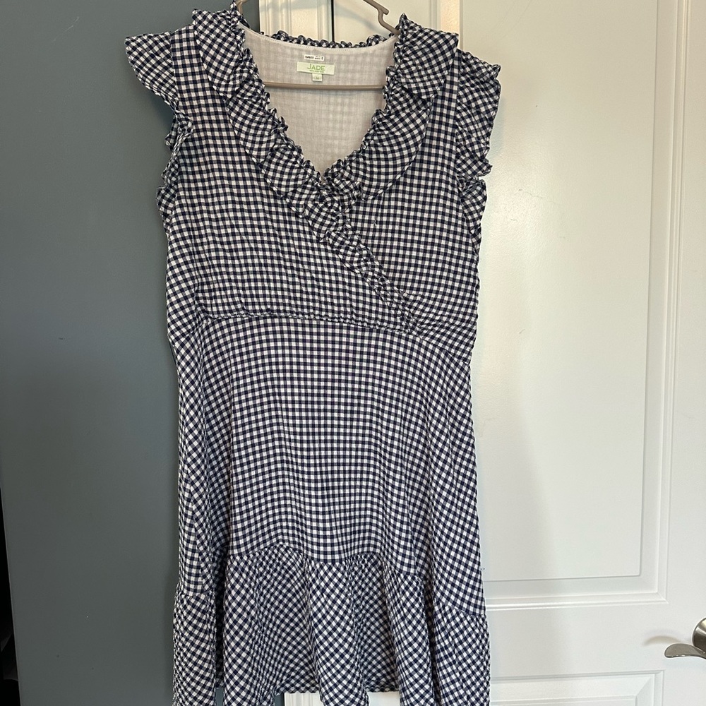 GameDay Navy and White Gingham Ruffle-Trim Midi Dress